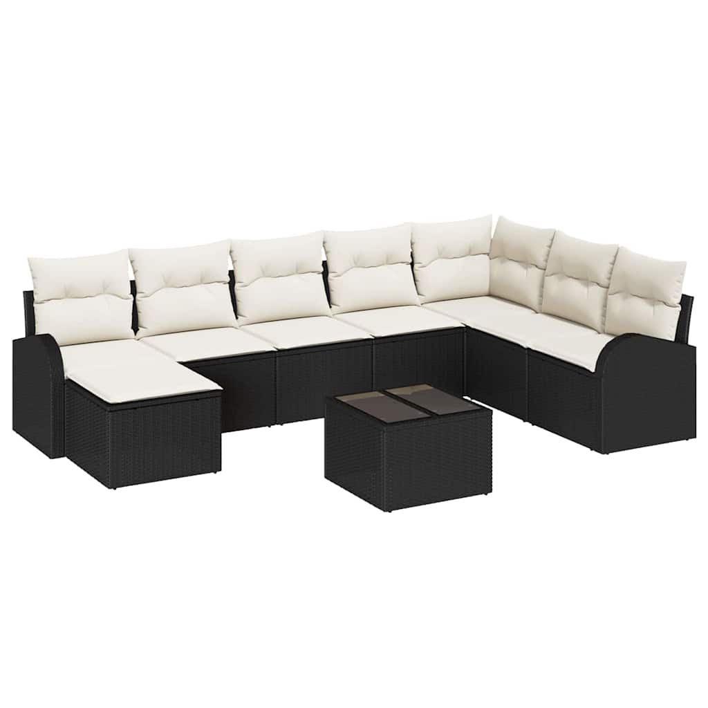 Garten-Sofa-Set mit Kissen 9 pcs Schwarz und Weiß Poly Rattan